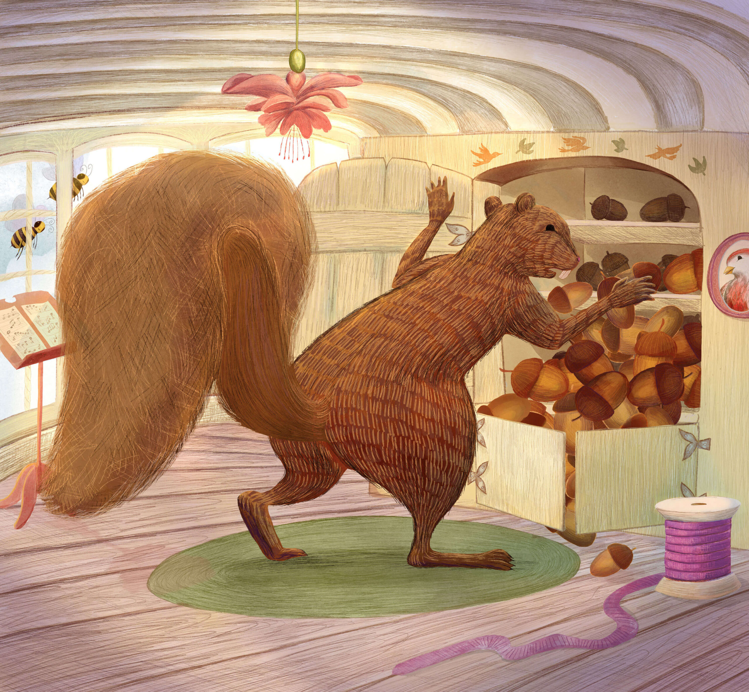 A squirrel packs the cupboards