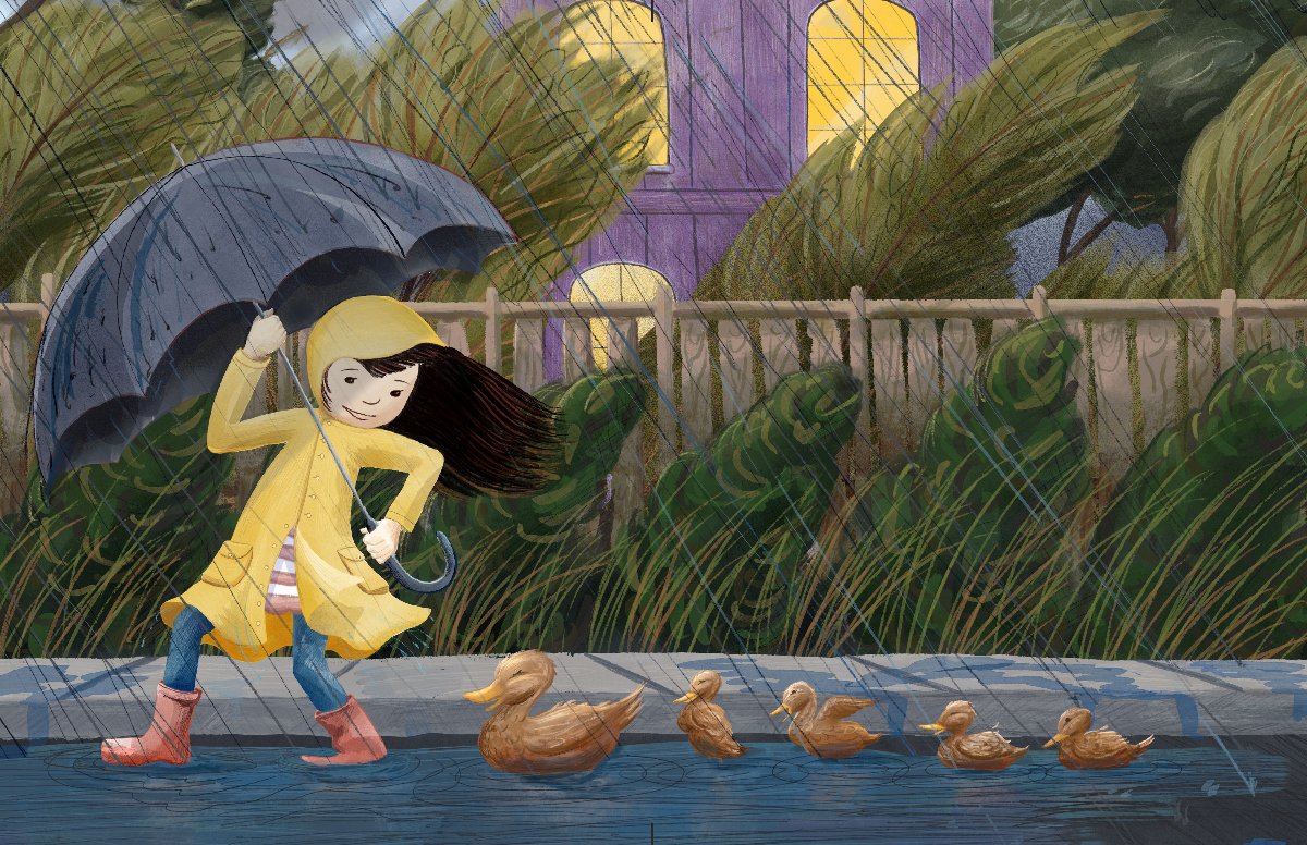 A girl helps ducks in the storm
